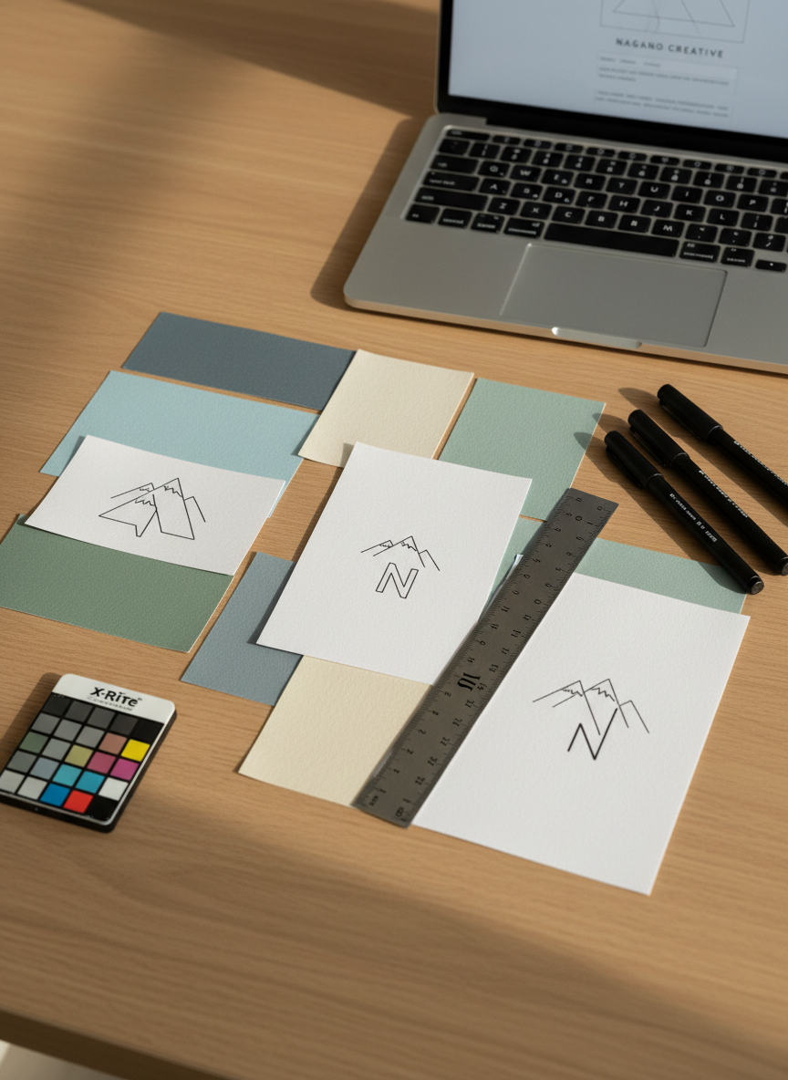 A close-up of a carefully arranged brand moodboard on a smooth light oak tabletop, featuring neatly cut rectangles of soft blues, greens, and warm neutrals, alongside understated logo sketches on crisp white paper. A metal ruler, fine black technical pens, and a minimal color calibration card frame the scene. The background shows a blurred laptop with a wireframe of a homepage visible, reinforcing the web focus. Soft afternoon natural light from the right creates delicate highlights on the paper texture and metal edges, with gentle shadows that feel calm and ordered. Photographic realism, top-down bird’s-eye view that captures everything in sharp detail, evoking thoughtful, simple, and trustworthy design planning for small businesses in Nagano.